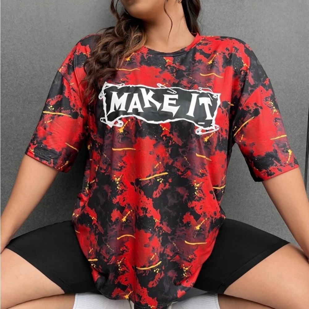 SHEIN Coolane Plus Letter Graphic Drop Shoulder Tee & Biker Shorts